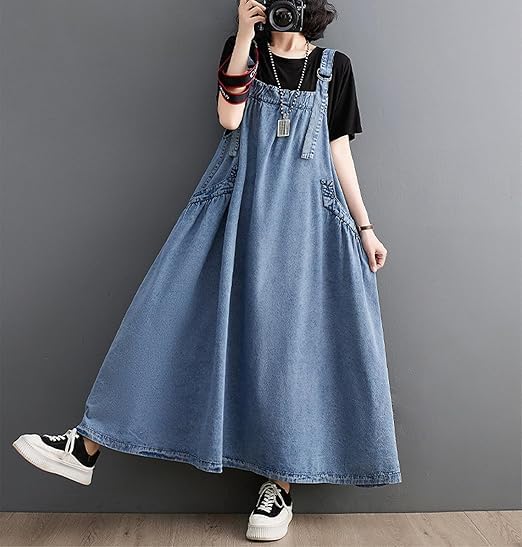 Image of Boho Jumper Dress for Women Loose Version Baggy Style Maxi Length Adjustable Straps Wide Hemline Overall Dresses
