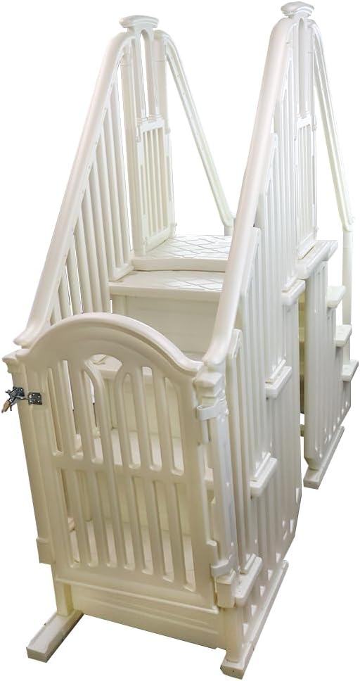 Aqua Select Anti-Slip Pool Steps Entrance System with Gate | Pearl White | for Above Ground Swimming Pools | Safety Stairs Capacity Up to 400 lbs