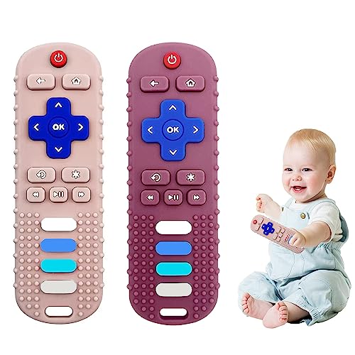 Image of ERSIHUA 2-Pack Baby Teething Toys-TV Remote Control Shape Silicone Infants Teething Toys for Babies 0-18 Months,BPA-Free (Khaki+Red)