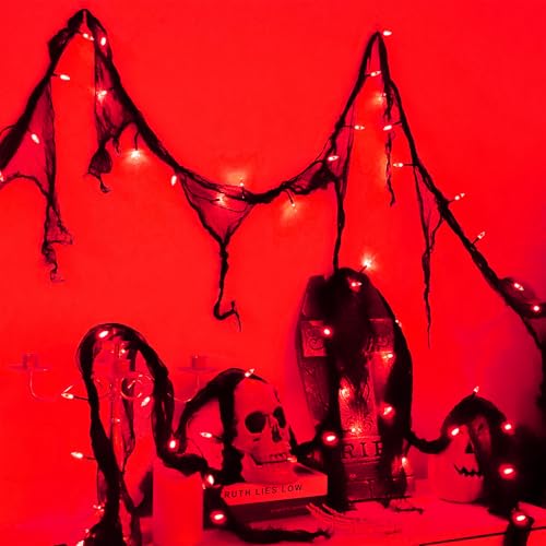 YAOZHOU Halloween Decorations String Lights Red Indoor 30LED with Black Gauze Timer 2Mode Battery Operated 9.9Ft Creepy Cloth Spooky Lights Gothic Party Room Decor (1PACK