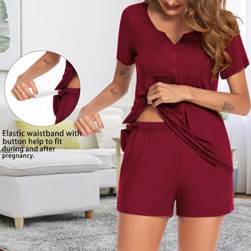 Ekouaer Women's Maternity Nursing Pajama Set Short Sleeve Top And Shorts Pregnancy Pj Set Breastfeeding Sleepwear For Hospital(Wine Red,Large) #TOP1
