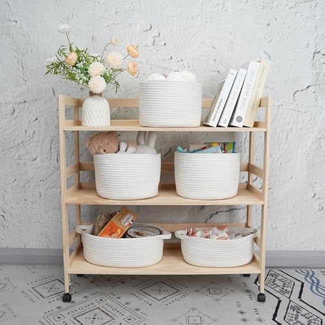 Woven Cotton Storage Baskets - 3-Pack Round Bins (10x10x7'') for Shelves, Closets & Bookcases | Durable Rope Organizers for Nursery, Baby, Toys, Easter & More (white)