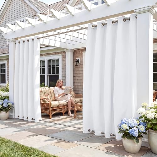 RYB HOME Windproof Outdoor Curtains - Waterproof Blackout Shade Thermal Insulated Drapes for Patio Screen Porch Gazebo Pergola Garage Sun Room, W 52 x L 90, 2 Panels, Grayish White