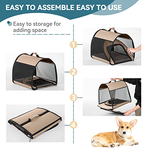 Petsfit Hundebox faltbar, tragbare & Atmungsaktive Hundebox für Zuhause mit Gewölbtem Design, Zimmerkennel Hund Hundeschlafbox mit Anti-Offener Reißverschluss und Plüschkissen,M, Khaki