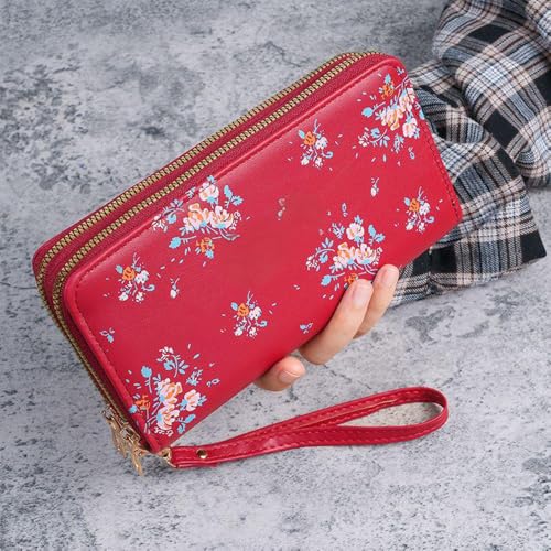 Wallet for Women Long Floral Wallet Double Zipper Coin Purse With Multiple Card Slots and Mobile Phone Compartment