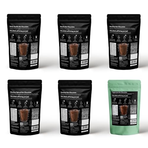 Image of COCOSUTRA Hot Chocolate Mix Combo | Swiss Vanilla, Mexican Spiced, Mocha, Caramel, Peppermint & Hazelnut Flavoured | Pack of 6 (Each 100 g) 600 g | Vegan Drinking Chocolate | Enjoy hot or cold