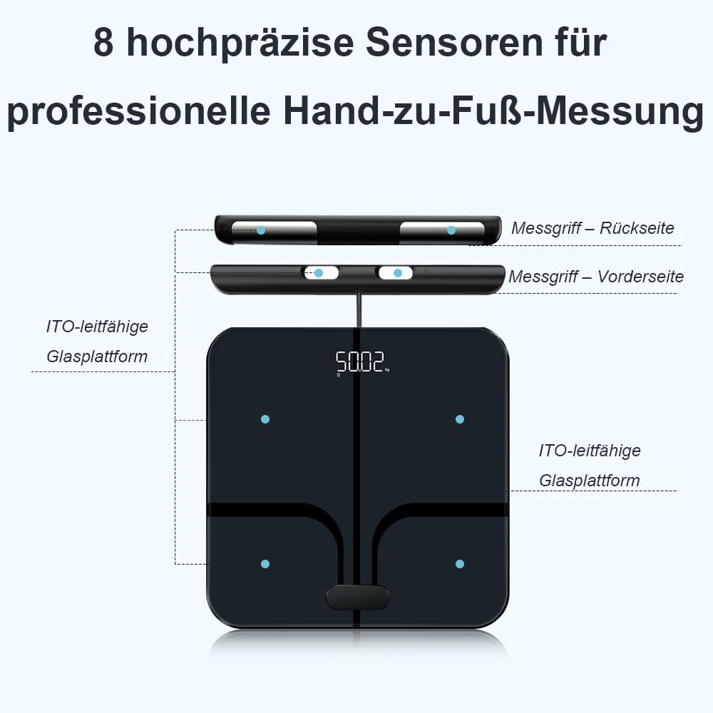 health the body pod smart scale Körperzusammensetzungswaage 8 Elektroden – Intelligente APP-Fitnesswaage, Dualfrequenz, Präzise elektronische Waage