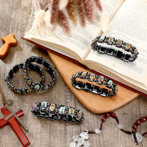 12 Pcs Christian Hematite Bracelet with Saints Catholic Orthodox Religious Elastic Bracelet with Holy Icons Prayer Gifts4