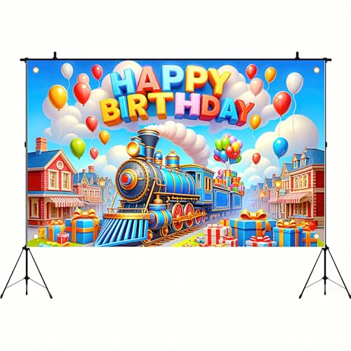Image of BlissYard Happy Birthday Banner Colorful Train Birthday Backdrop Cartoon Train Banner Decorations Photography Background Photo Shoot Props for Boy Girl Kid Train Birthday Party Backdrop 71 x 43 Inch