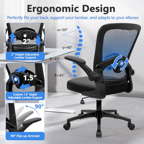 Image of KLASIKA Desk Chairs with Wheels, Ergonomic Mesh Back PU Leather Seat Home Office Adjustable Lumbar Support and Height Swivel Rolling Computer Task Chair with Flip Up Arms for Conference, Black, 2PK