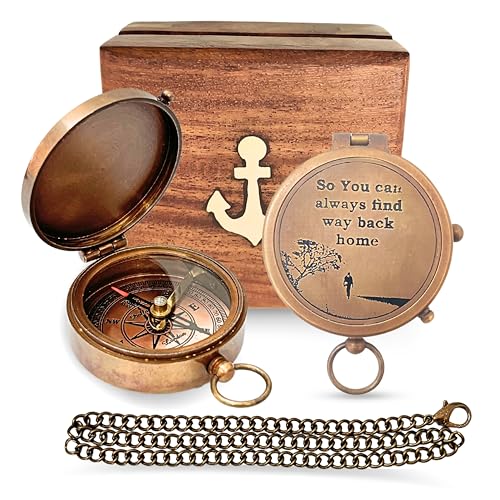 Boussole en laiton gravée avec boîte en bois, boussole marine vintage haut de gamme