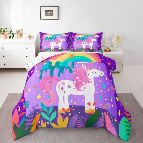 Image of Feelyou Cute Rainbow Unicorn Comforter Twin Size, Girls Cute Unicorn Comforter for Kids Toddler Rainbow Star Galaxy Stars Fantasy Bedding Set Purple Dreamy Horse Printed Duvet Set Microfiber Bed Set