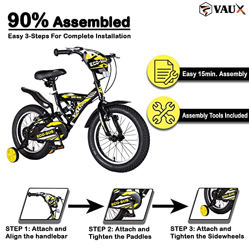 Image of Vaux Eco-Sus Kids Cycle for Boys 16 inch with Suspension for Age 4 to 6 Years, Bicycle for Kids with Steel Frame, Alloy Rims, 16x2.40 Tubular Tyres & V-Brakes, Ideal Height: 3.3ft to 3.9ft(Black)