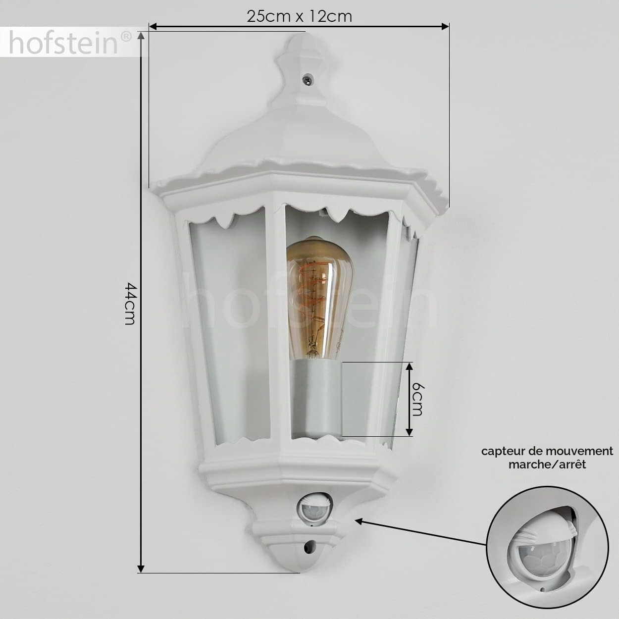 Applique d'extérieur Hongkong avec détecteur de mouvement, lampe murale look antique en métal/verre blanc/clair, applique rétro/vintage avec douille E27, pour terrasse/cour/entrée, sans ampoules