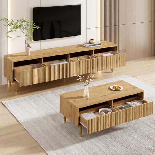 A ALFRESCOOL Juego de muebles de salón, mueble de TV con 4 puertas y mesa de café con 2 cajones, diseño de madera dorada, iluminación LED, estructura ondulada y frontal acrílico, espacio de