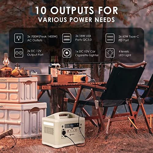 RAINBOW Portable Power Station 700W, 537Wh Backup LiFePO4 Battery, 3 x 110V/700W(Peak 1400W) AC Outlets, Solar Generator for Outdoor Camping, Quick Charge for Home, Hiking - Image 4
