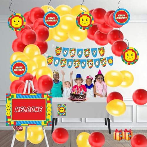 Image of PRETTY UR PARTY Building Blocks Birthday Party Decorations Kit-80 Pcs Includes Banner,Balloons,Thank You,Centerpiece,Danglers,Blocks Party Supplies,Lego Bday Decor,Diy Decor Pack For Kids,Boys