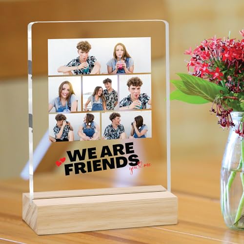 Image of Giftplease Customized Friends Plaque with Wooden Stand | Personalized Photo Frame with Quote | Best Friend Birthday Gift, Farewell Gift, Friendship Day Gift for BFF Keepsake Room Decor FR 09
