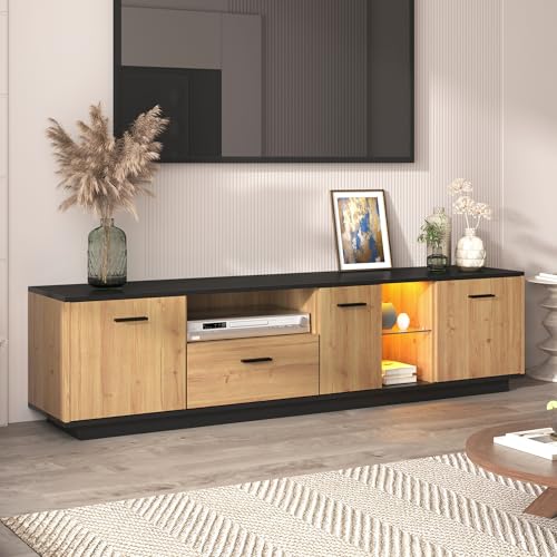BTM Meuble TV LED, Etagère en Verre, 3 Portes, Compartiments Ouverts e Tiroir, Banc TV pour Salon Chambre, Noir et Bois Naturel, 180x40x45cm