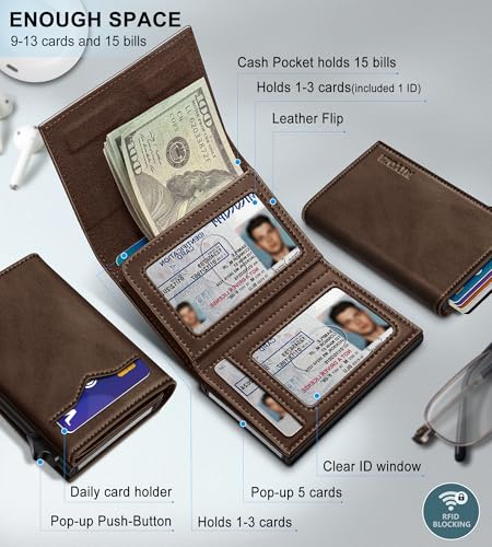 Image of miyozi Wallet for Men,with Cash Pocket 2 ID Window 9-13 Cards,Metal Case Smart Slim Pop Up Credit Card Holder Flip with Magnetic Closure RFID Blocking Trifold wallet with Gift Box