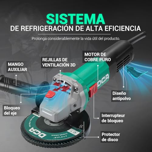Miniatura 6 de Dca Amoladora Angular 860w 125 Mm, 11.800 Rpm, Cuerpo Ultra Fino Circunferencia 178 Mm , Carcasa De Engranajes Compacta, 1,6 Kg Ligera Radial Para Corte Y Lijado