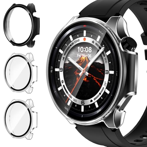 iVoler 3 Pezzi Cover con Vetro Temperato per OnePlus Watch 3 47mm / Oppo Watch X2, Copertura Completa Custodia Rigida PC, HD Clear Pellicola Protettiva Anti-Graffio Case, 2 Trasparente + 1 Nero
