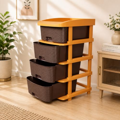 Image of Jefa Plastic Modular Drawer Storage Organizer | Multipurpose Storage Chest with Anti-Slip Design | Large Capacity Drawer Rack for Clothes, Shoes, Office & Home Use (Brown, 4)