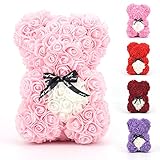Rose Bear - Artificial Rose Teddy Bear with Heart Bow and Clear Gift Box (10in), Perfect for...