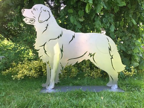 Terma Stahldesign Edelrost Gartenfigur Golden Retriever stehend 74 cm mit Bodenplatte massiv Metall Handmade Germany wetterfest Gartendeko Geschenk
