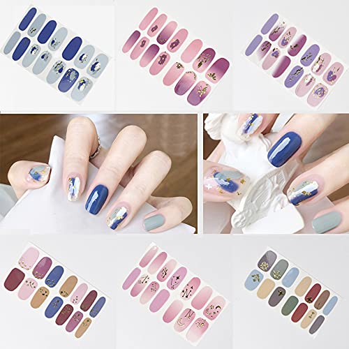 Nail Wraps 6Sheets 3D Bronzing Moon Star Nail Polish Stickers Self-Adhesive Nail Polish Strips Set with 2Pcs Nail Files Waterproof Nail Strips Stick on Nail Full Polish Strips Nail Art Supply Decals