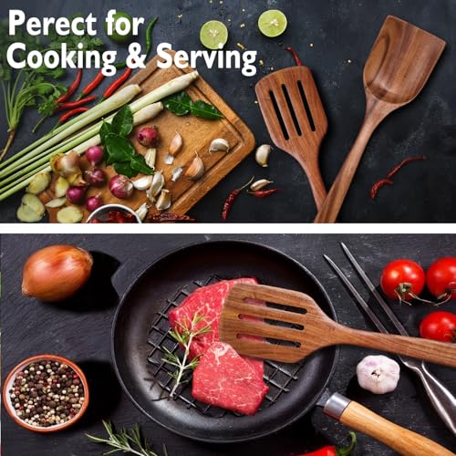 Wooden Non-Stick Kitchen Pan Toolset 7 Pieces Set,100% Natural Teak Kitchen Utensils Spatula, Wooden Cooking Utensils Spoons, Fried Spatula and Salad Fork - Image 5