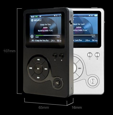 Dimensions of the Hidizs AP100 player, showing height (107mm), width (65mm), and thickness (16mm).