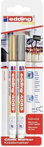 edding 4085 - Marcador de tiza - dorado, plateado - 2 bolígrafos de tiza - punta redonda de 0.039-0.079 in - bolígrafo de punta fina para pizarras,