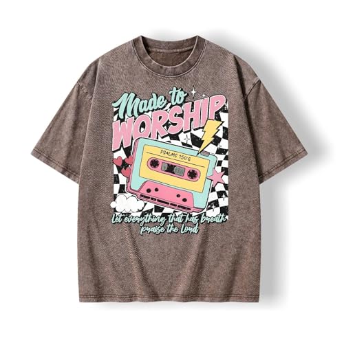 Graphic Tees Summer Women Men Cotton Novelty Oversized Crew Neck Made to Worship Bible Christian Washed T-Shirt