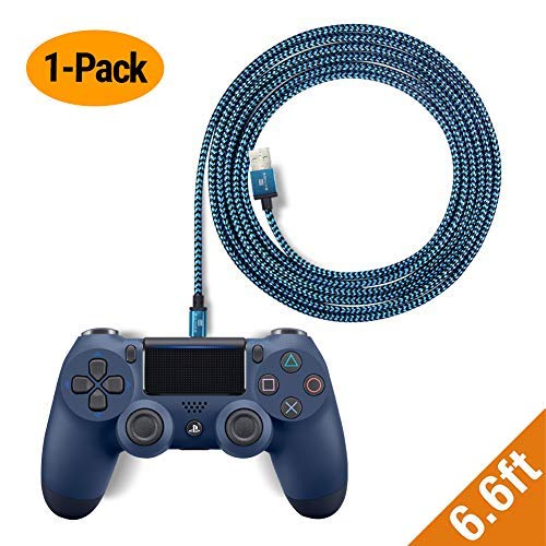 6.6ft Braided Charger Cable for PS4 DualShock and Xbox One Controller | Ideal Length Xbox and PS4 Controller Charging Cable | 1 Year Replacement Warranty (1 Pack, Blue)