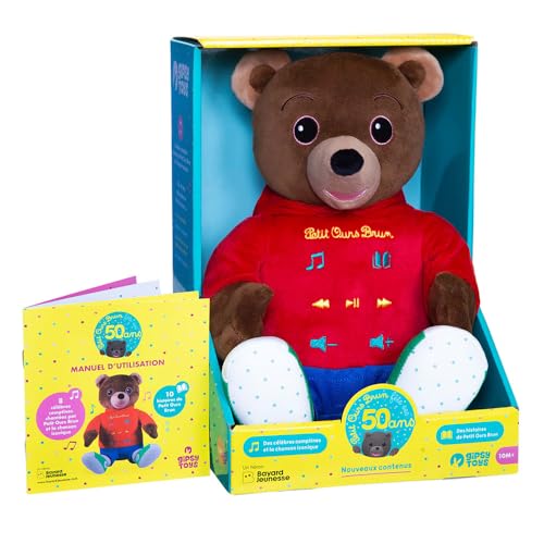 Gipsy Toys – Petit Ours Brun - Edition Speciale Anniversaire 50 Ans - Peluche Interactive : CHANSONS, COMPTINES, CONTEUSE D’Histoires – 28 CM – Marron ET Rouge – Vendue en Boite Cadeau - Version FR