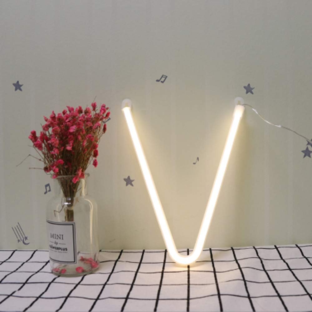LED Letter Neon Signs Light Warm White Alphabet Word Marquee Neon Wall Lamps Battery/USB Powered Neon Mood Lighting for Bar Wedding Party Cafe Bedroom Nursery Decor Christmas Birthday (V)
