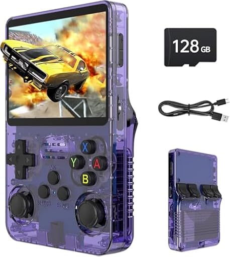 Consola de juegos retro R36S, pantalla IPS de 3,5 pulgadas, memoria de 128 GB, 40.000 juegos preinstalados, consola portátil para niños y adultos, soporte multiemulador, violeta | Ya disponible en tu tienda friki favorita! En mundofriki.es!