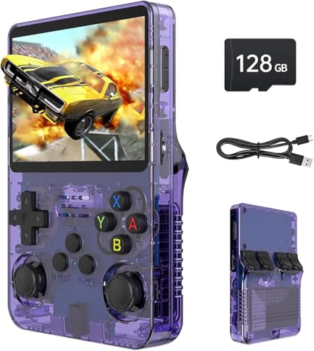 R36S Retro Spielkonsole, 3,5 Zoll IPS Bildschirm, 128GB Speicher, 40.000 Vorinstallierte Spiele, Tragbare Handheld Konsole für Kinder und Erwachsene, Multi-Emulator Unterstützung, Violett