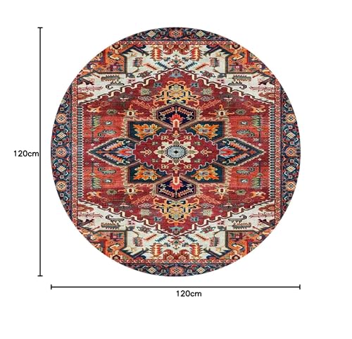 Tapis rond géométrique rétro rouge 120 cm antidérapant moderne