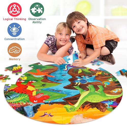 SYNARRY Große Dinosaurier Bodenpuzzle für Kinder ab 3 4 5 6 7 8 Jahren, 70 Teile Kinderpuzzle Dino Holz, Lernspielzeug Geschenk für Jungen Mädchen