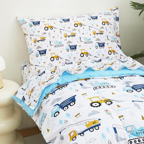 Image of Lasoftan Cars Toddler Bedding Set, 4-Piece Bed-in-a-Bag Comforter Set for Boys, Construction Truck Bedding, Machine Washable