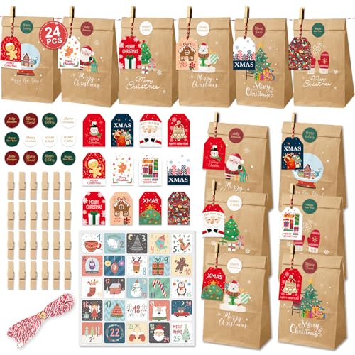 Gigmeta 24 Bolsas Calendario de Adviento para Niños para Rellenar, 12 x 7.5 cm Papel Bolsas de Adviento 2025 para Rellenar