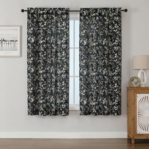 Image of Chyhomenyc Linen Blend Window Curtains 63 Inch Length 2 Panels, Light Filtering Floral Printed Curtain Drapes for Living Room, Rod Pocket Soft Bedroom Curtain Panels, 38Wx63L Inch, Black