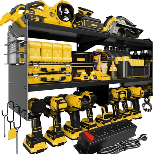 Spampur Power Tool Organizer Wall Mount with Charging Station, 15 Min Assembly & Maximum 420lb Load by Heavy Duty Metal, 8 Slots for Cordless Drill, Tool Battery Holder with 6 Outlet Power Strip