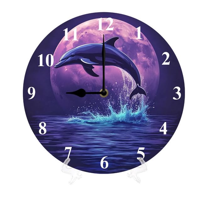 Geroclonup Horloge murale en bois avec dauphin sautant d'animaux marins à piles, silencieuse, sans tic-tac, décoration pour la maison, la cuisine, le salon, le bureau,...
