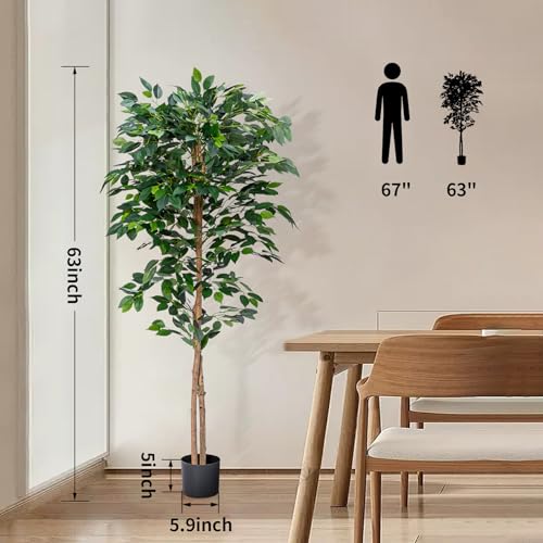 2Packs 5FT Artificial Ficus Trees with Realistic Leaves and Natural Trunk, Faux Ficus Tree with Sturdy Plastic Nursery Pot, Fake Ficus Tree for Office Home Farmhouse for Indoor Outdoor Decor