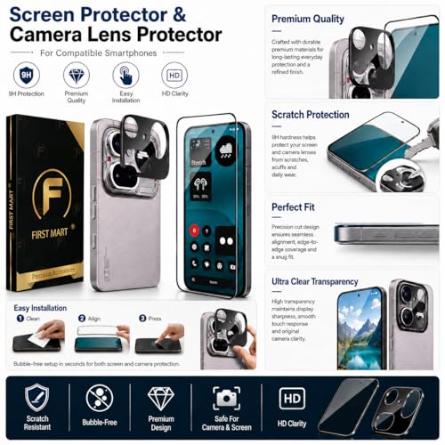 Image of FIRST MART Tempered Glass for Nothing Phone 4A Pro with Black Camera Lens Protector & Installation Kit | HD Clear, Edge-to-Edge, Scratch Resistant, Case-Friendly | Pack of 1