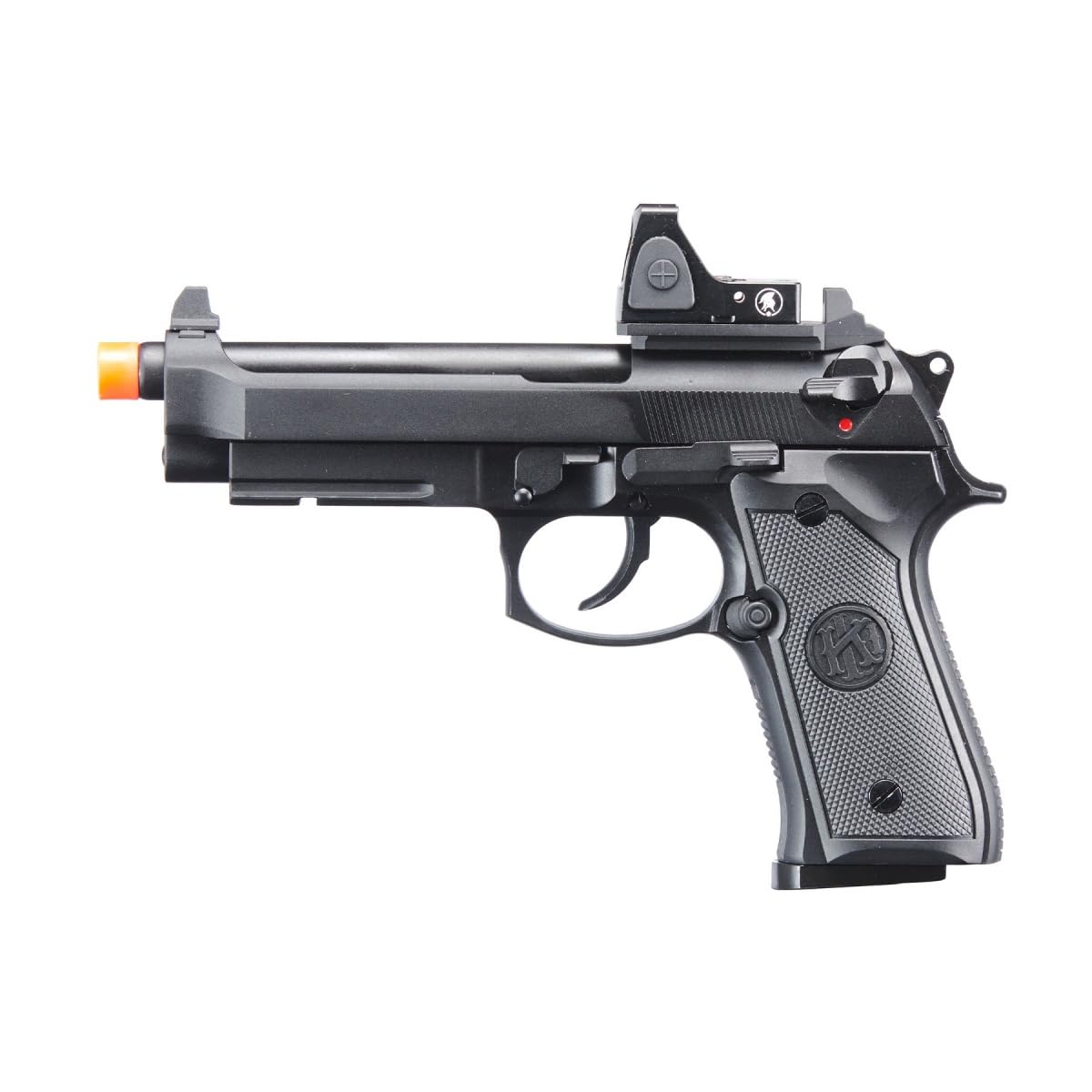 KLI KL-92 Brettaa AI Dual Power CO2/Gas Blowback Polymer Airsoft Pistol with with Red Dot &amp; Lower Rail- (Black Barrel/Green Gas)
