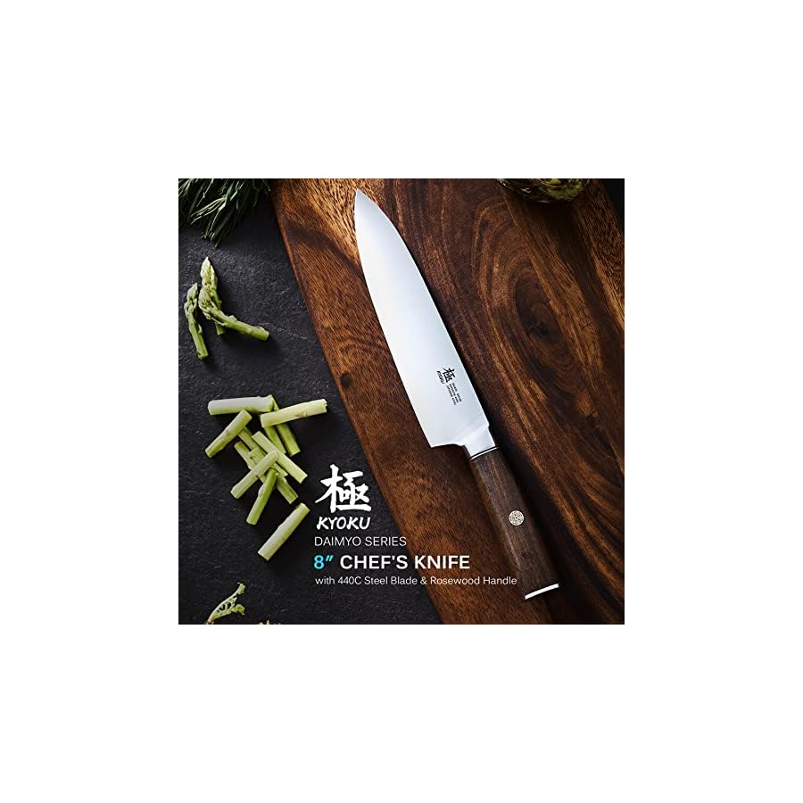 KYOKU-8-Inch-Chef-Knife-Daimyo-Series-Professional-Chefs-Knife-with-Ergonomic-Rosewood-Handle-and-Mosaic-Pin-Japanese-440C-Stainless-Steel-Kitchen-Knife-with-Sheath-and-Case KYOKU 8 Inch Chef Knife - Daimyo Series - Professional Chef's Knife with Ergonomic Rosewood Handle and Mosaic Pin - Japanese 440C Stainless Steel Kitchen Knife with Sheath and Case